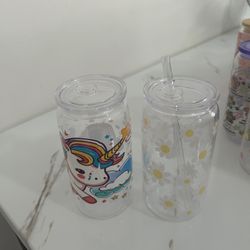 Glass Cups And Also Plastic Cups Straw Included