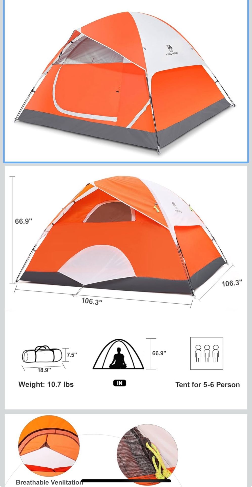 CAMEL CROWN Tents for Camping 2/3/4/5 Person Camping Dome Tent, Waterproof,Spacious, Lightweight Portable Backpacking Tent for Outdoor Camping/Hiking