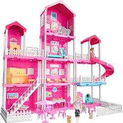 Villa Toy for 3 4 5 6 Year Old Girls - 4 Storeys 10 Rooms Villa Playset with 2 Doll Toy Figures, Accessories and Furniture, Toddler Home Pretend Kits 