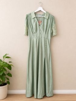 Green V Neck Button Maxi Dress