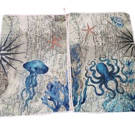 New Pair Nautical Microfiber Hand Towels Old World - Octopus & Jellyfish Beach