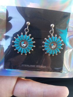 Vintage Zuni Sterling Silver And Turquoise Earrings 