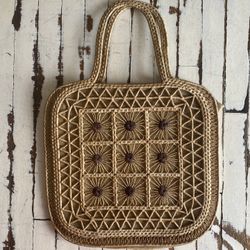 Vintage Woven Seagrass Rattan Wicker Flower Burlap Tote Purse Bag