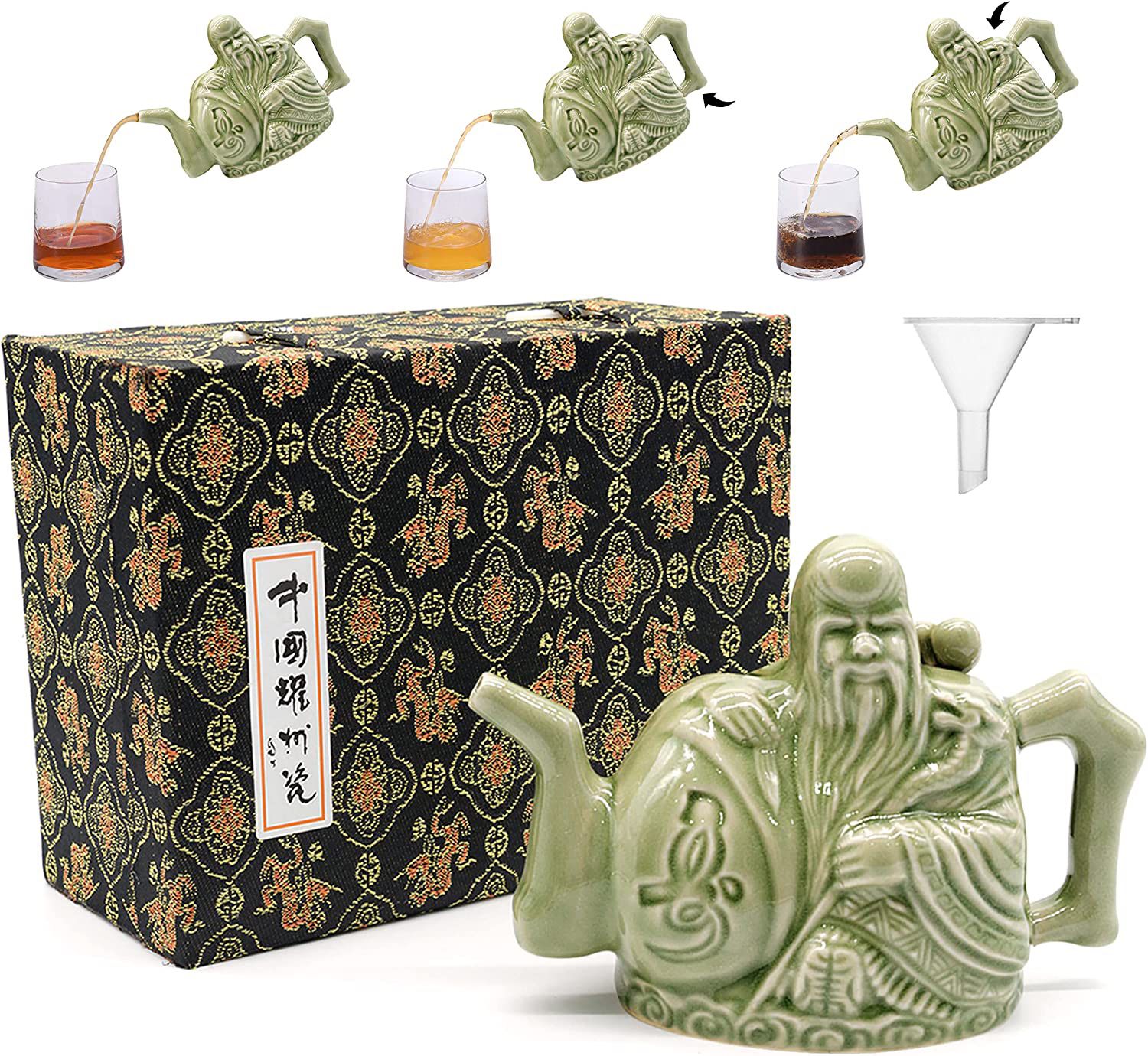 Assassins Teapot, Handmade Chinese Ceramic Tea Kettle, One Pot Three Drinks,Two Chambers Teapot, Drink Dispenser, Magic Trick Teapot with Gift Box, 16