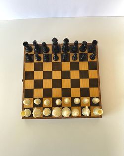 Vintage Wooden Folding Chess Set With 32 Plastic Pieces