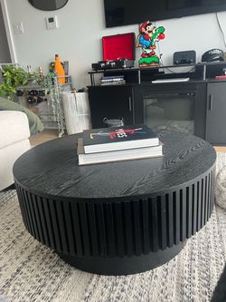 Round Black Wood Slatted Coffee Table