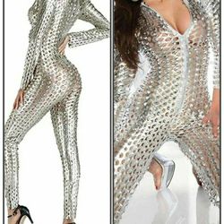 NEW METALLIC SILVER CATSUIT BODYSUIT SNAKESKIN CUTOUT ONE SIZE STRETCHY ONESIE HALLOWEEN COSTUME