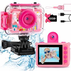 Brand new Kids Underwater Camera - 99FT Waterproof Kid Action Camera 1080P Video&20MP Photo with Flip Lens, Includes 32GB Card for Diving Swimming Bea