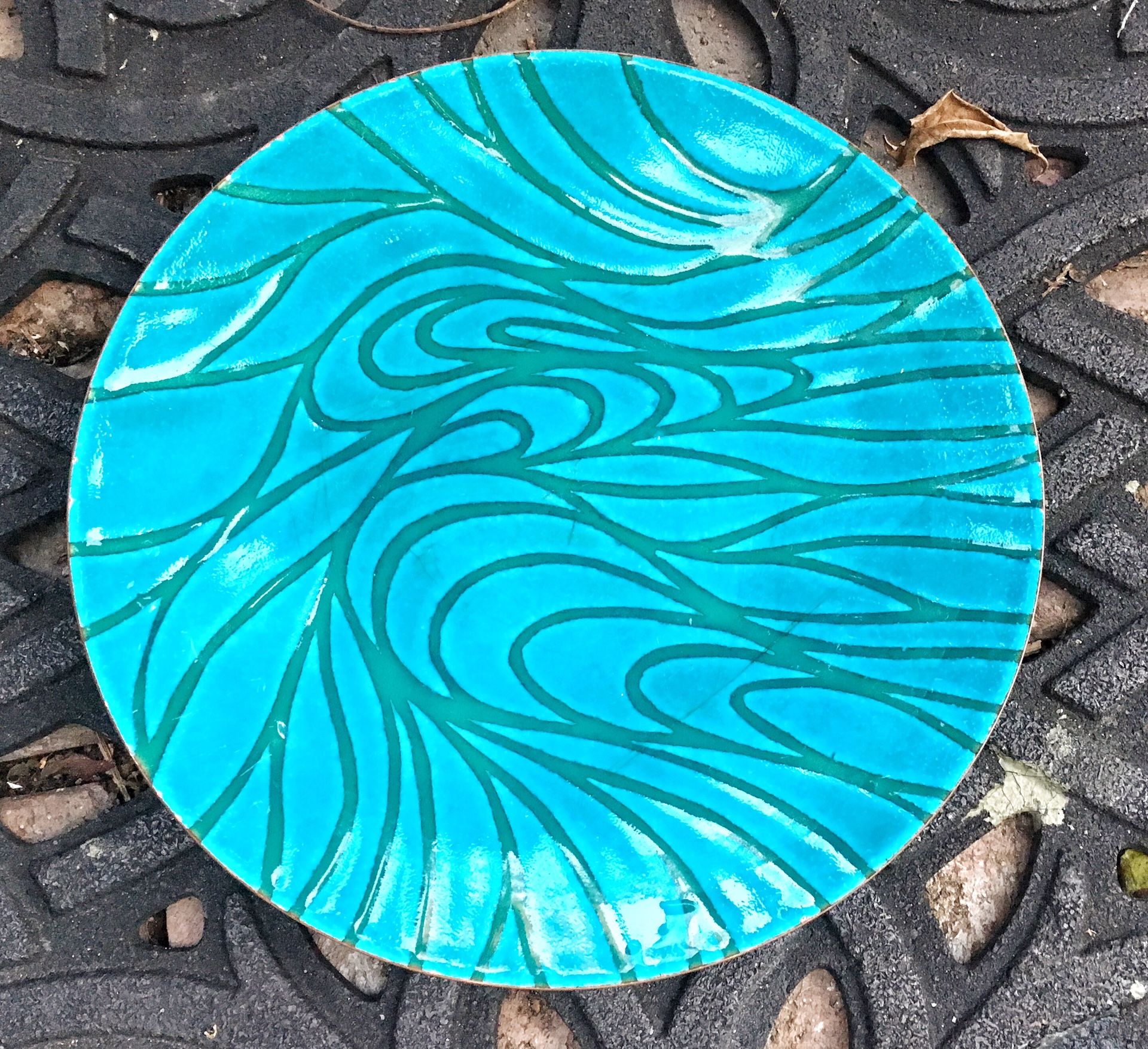 Turquoise blue mid century enameled copper 8" dish or bowl