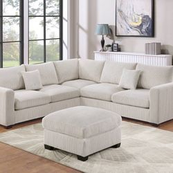 Beige Corduroy Sectional Sofa With Ottoman 
