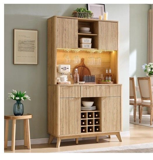 72" Tall Wine Bar Cabinet with Storage Hutch, Modern Wood Fluted Coffee Bar Cabinet with LED Lights and 10 Tier Storage Shelf & 9 Grid Wine Glass Rack