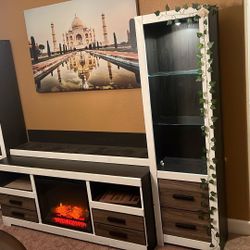 Two Shelves/TV Stand Set With Working Artificial Fireplace