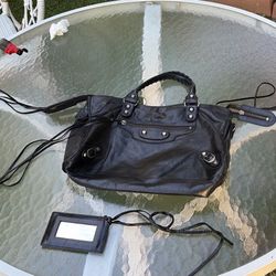 Balenciaga Style Black Leather Motorcycle Bag City Tote w/ Mirror & Tassels