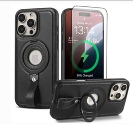 Capture Grip Loop Magnetic Stand for iPhone 16 Pro Case with Screen Protector, Protective iPhone 16 Pro Case Leather,Compatible with MagSafe,B