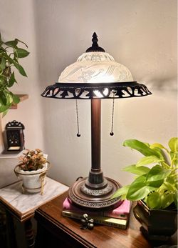 21" Frosted and Etched Floral Glass Boudoir Lamp- Art Nouveau Style