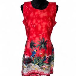 Vintage Ky’s Tropical Tiki Parrot Red Sleeveless Dress Size XL