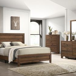 Queen Rustic Brown 4pc Bedroom Set Bed Dresser Mirror Nightstand