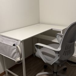 L-shaped White Desk With Power Outlet And Side Pocket
