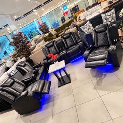 Black Leather Power Recliner Sofa Set with LED Lighting