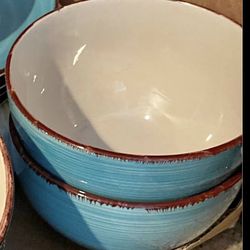 Set of 2 Teal Stoneware Bowls – Rustic Farmhouse Style, Ribbed Design