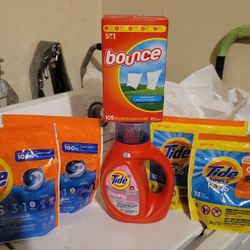 BUNDLE: 2 TIDE PODS BAGS (16 COUNT), TIDE DOWNY 21 LDS/30oz, Bounce Sheets (105 Count), & 2 TIDE SIMPLY BAGS (13 Count) For $28