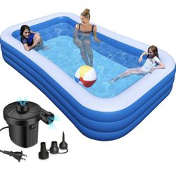 Rukala™ Inflatable Pool 120" x 72" x 22" - Electric Pump Included - Triple Chamber - Double Thick Material (10ft x 6ft x 2ft)