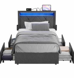 LED Bed Frame Twin Size, Twin Bed with Headboard and 4 Drawers, 1 USB Port and 1 Type C Port, Adjustable Upholstered Headboard 37.1/39.6 Inches, No Bo