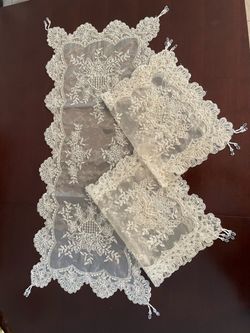 NEW Beaded 3 Pieces Beige/Gold Sheer Coffee Table Clothes