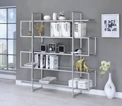 Z Gallerie Shelf Glass Etagere Chrome 63” X 59” Modani Stainless Steel Way fair  Shelves Wall Unit Display Console Buffet 
