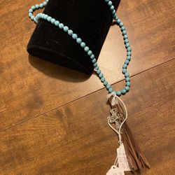 Long New Turquoise Beaded Necklace with Cross 