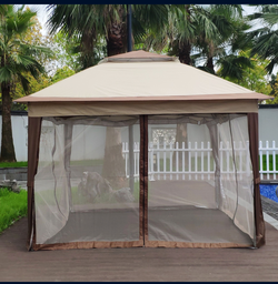 Outdoor 11x 11Ft Pop Up Gazebo Canopy With Removable Zipper Netting,2-Tier Soft Top Event Tent,Suitable For Patio Backyard Garden Camping Area,Coffee