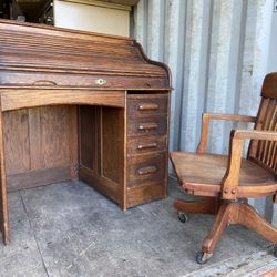 Antique Vintage Roll Top Desk And Chair Set