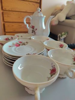 Vintage Porcelain Floral Tea Set Moss-rose China in White with Pink Rose Accents