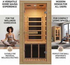 Home Sauna, 32.3"W x 27.2"D x 59"H Canadian Hemlock Wood Far Infrared, 1-Person Mini Home Sauna– 140°F Max, with Bluetooth, Digital Controller, Temper