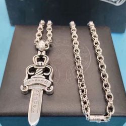 Chrome Hearts Style Large Dagger Pendant And Paper Chain Link 24” Necklace 