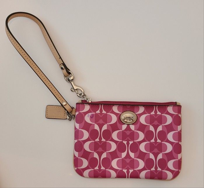 Coach Pink Coated Canvas Tan Leather Peyton Dream Signature Wristlet Wallet