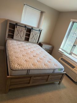 Queen Farmhouse Bed Frame with Barn Door Headboard