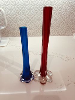 Vintage - Cobalt  Blue And Red Murano Art Glass Elephant Foot Twisted Stem Bud Vases