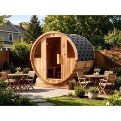 Hongyuan 4-Person Outdoor Barrel Sauna with Harvia 6KW Heater, Japanese Cedar Wood & Glass Door – Designed for Relaxation at Home or Vacation Retreats