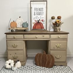 Refinished Solid Pine Desk with Custom Paint Wash & Gold Hardware – Rustic Farmhouse Beauty