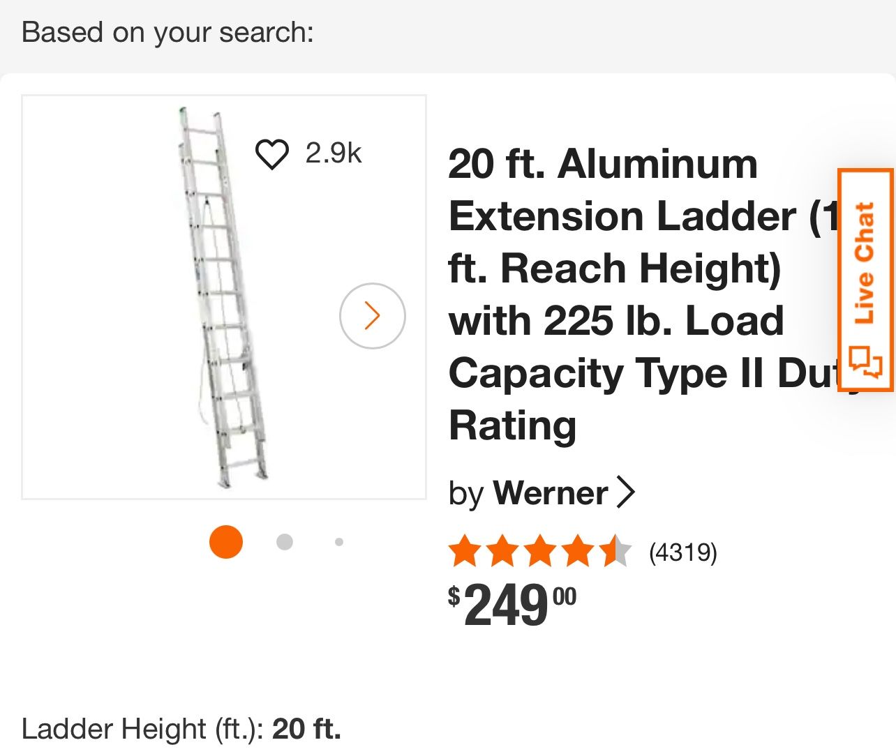20 Ft. Aluminum Extension Ladder - 225 Load Cap.