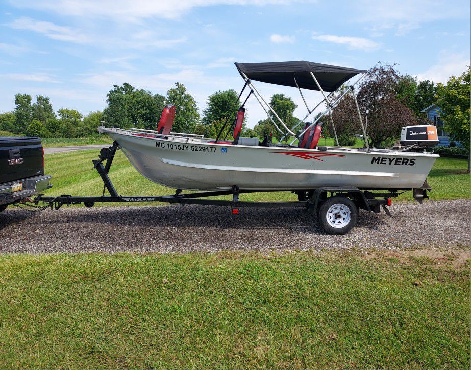 1977 Meyers Aluminum fishing boat,4 new seats  , new decals, no leaks, new Bini top, new cover, new steering cable, carpet, , new boat light bow and stern, spare tire, trailer ,motor 25 horse Johnson motor just serviced this past spring. It runs.