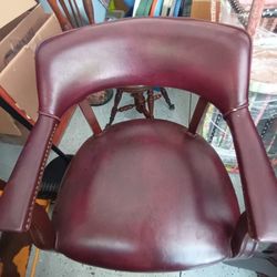 Set Of Four Red Leather And Wood Office Chairs