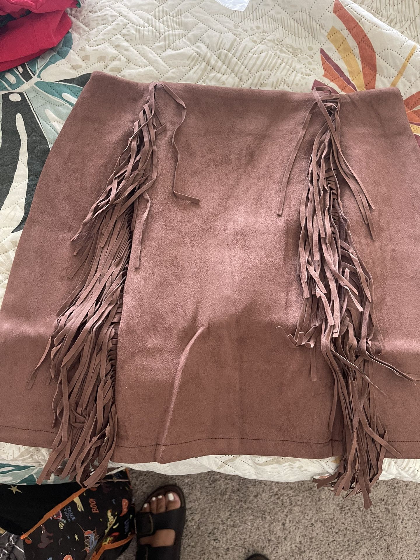 Brown Suede Fringe Mini Skirt