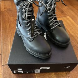 Sorel Women’s 7.5 Lennox Lace STKD Waterproof Boots Black Leather