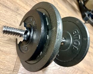 Standard Set of Adjustable Cast Iron Dumbbells, (4) 10s, (4) 5s and NEW Dumbbell Bars.