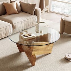 Modern Round Coffee Table, 30.7" x 30.7" x 16.1" Tempered Glass Top for Living Room