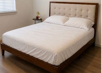 Mid-Century Platform Bed Frame with Upholstered Headboard