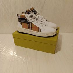 Burberry Sneakers Hi-Top Womens US 11.5  Leather/Plaid White