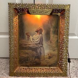 Vintage Brass Filigree Light Up Wall Frame Jesus Christ At Gethsemane And Agony In Garden 3D Hologram Lenticular Art Made In Japan